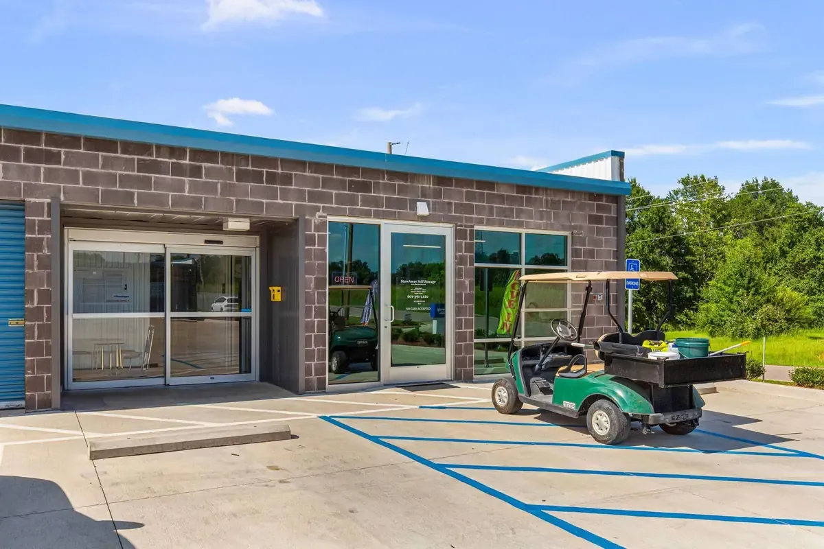 Golf cart parked at storage facility