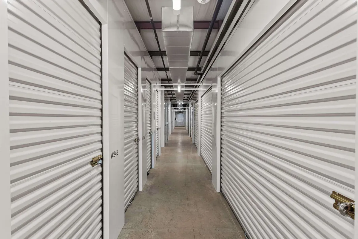 Hallway of indoor storage units