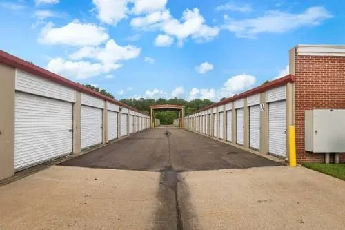 Rows of drive up self storage units